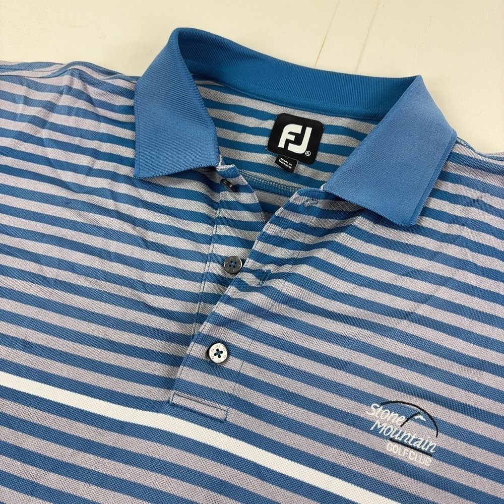 FootJoy Golf Polo Shirt Mens XL Blue Striped Stone Mountain Golf Short Sleeve